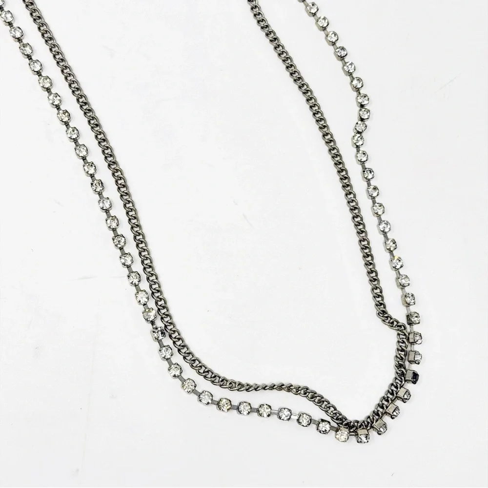 Chico’s Layered Long Necklace Silver Tone Chain & Clear Rhinestones